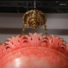 Art Deco Rose Alabaster Stylized Acanthus Pendant Chandelier w Brass Fittings - 3645374