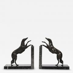 Art Deco Sculptural Bronze Greyhound Bookends on Nero Marquina Marble Bases - 4000410