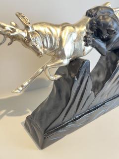 Art Deco Sculpture of a Deer and Panther by Rochard White Gold France c 1930 - 3935488