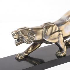 Art Deco Silvered Bronze Lion Sculpture on Black Marble Base - 4438631
