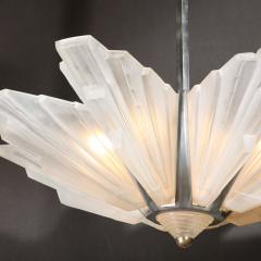 Art Deco Skyscraper Chandelier in Frosted Glass Satin Nickel Signed Sabino - 3040028