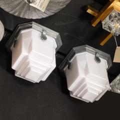 Art Deco Skyscraper Style Milk Glass Flush Mounts w Polished Aluminum Fittings - 4162187