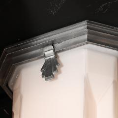 Art Deco Skyscraper Style Milk Glass Flush Mounts w Polished Aluminum Fittings - 4162190