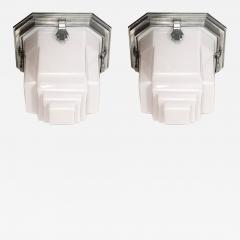 Art Deco Skyscraper Style Milk Glass Flush Mounts w Polished Aluminum Fittings - 4164733