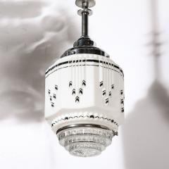 Art Deco Skyscraper Style Milk Glass Pendant w Black Enamel Chrome Detailing - 3645218