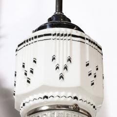 Art Deco Skyscraper Style Milk Glass Pendant w Black Enamel Chrome Detailing - 3645264