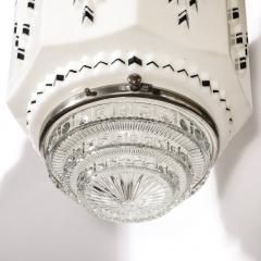 Art Deco Skyscraper Style Milk Glass Pendant w Black Enamel Chrome Detailing - 3645303