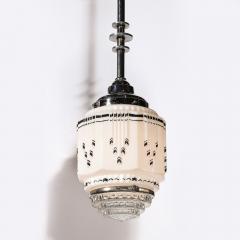 Art Deco Skyscraper Style Milk Glass Pendant w Black Enamel Chrome Detailing - 3645316