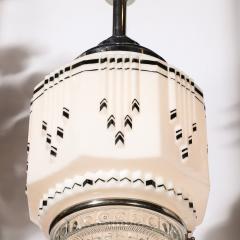 Art Deco Skyscraper Style Milk Glass Pendant w Black Enamel Chrome Detailing - 3645359