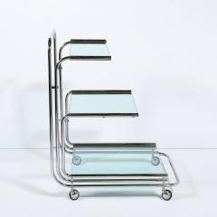 Art Deco Streamline Three Tier Chrome Glass Bar Cart W Removable Trays - 3703486