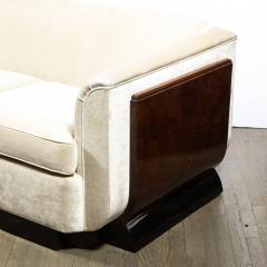Art Deco Streamlined Black Lacquer Walnut and Oyster Velvet Sofa Love Seat - 2365691