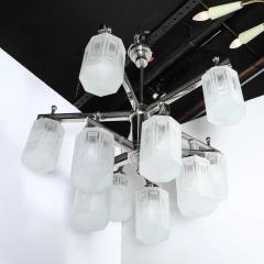 Art Deco Style 10 Arm Frosted Etched Glass Chandelier w Polished Nickel Frame - 4720289