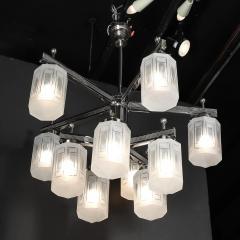 Art Deco Style 10 Arm Frosted Etched Glass Chandelier w Polished Nickel Frame - 4720291
