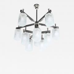 Art Deco Style 10 Arm Frosted Etched Glass Chandelier w Polished Nickel Frame - 4720600