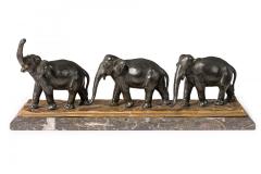 Art Deco Style Cast Metal and Marble Sculpture of Three Marching Elephants - 4197059
