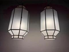 Art Deco Style Frosted White Milk Glass Bronze Octagonal Pendant a Pair - 4115019