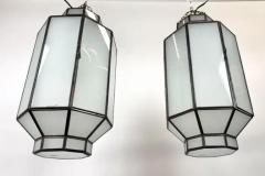 Art Deco Style Frosted White Milk Glass Bronze Octagonal Pendant a Pair - 4115020
