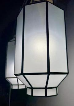 Art Deco Style Frosted White Milk Glass Bronze Octagonal Pendant a Pair - 4115027