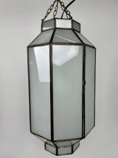 Art Deco Style Frosted White Milk Glass Bronze Octagonal Pendant a Pair - 4115028