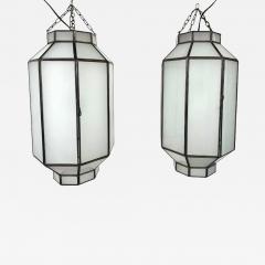 Art Deco Style Frosted White Milk Glass Bronze Octagonal Pendant a Pair - 4115148