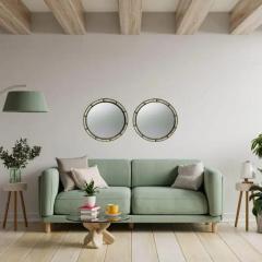 Art Deco Style Handmade White Black with Brass Inlay Round Mirror a Pair - 4022210