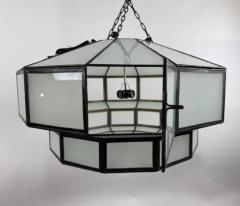 Art Deco Style Large Circular White Milk Glass Bronze Pendant Chandelier - 4123757