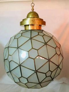 Art Deco Style Milk Glass and Brass Round Chandelier Pendant or Lantern - 2982155