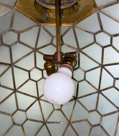 Art Deco Style Milk Glass and Brass Round Chandelier Pendant or Lantern - 2982164