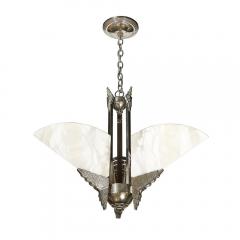 Art Deco Style Nickeled Bronze and Alabaster Pendant Chandelier - 3898776