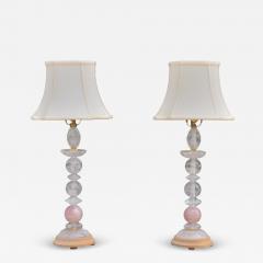 Art Deco Style Pink Rock Crystal Brass Table Lamps France 1960s - 4207699