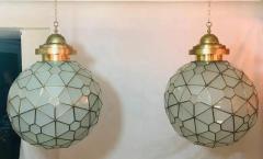 Art Deco Style Round Chandelier or Pendant Milk Glass Brass Inlay a Pair - 2982085