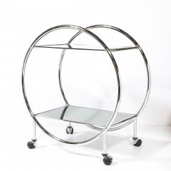 Art Deco Style Round Form Tubular Two Tier Bar Cart in Chrome and Smoked Mirror - 4622423