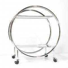 Art Deco Style Round Form Tubular Two Tier Bar Cart in Chrome and Smoked Mirror - 4622425
