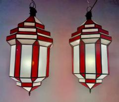 Art Deco Style White Milk and Red Glass Pendant Lantern or Chandelier a Pair - 4114833