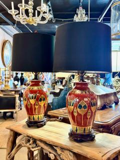 Art Deco Table Lamps with Egyptian Motifs Hand Painted Porcelain - 4704149