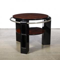 Art Deco Two Tier Book Matched Walnut Black Lacquer Occasional Table w Chrome - 3523607