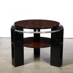 Art Deco Two Tier Book Matched Walnut Black Lacquer Occasional Table w Chrome - 3523632