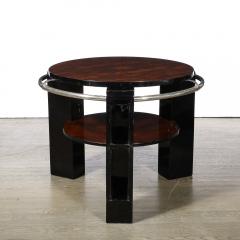 Art Deco Two Tier Book Matched Walnut Black Lacquer Occasional Table w Chrome - 3523636