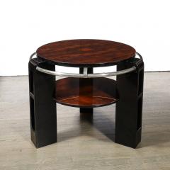 Art Deco Two Tier Book Matched Walnut Black Lacquer Occasional Table w Chrome - 3523646