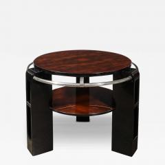 Art Deco Two Tier Book Matched Walnut Black Lacquer Occasional Table w Chrome - 3527438