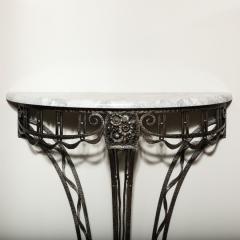 Art Deco Wrought Iron Console Table w Stylized Geometric Details Grey Marble - 3408985