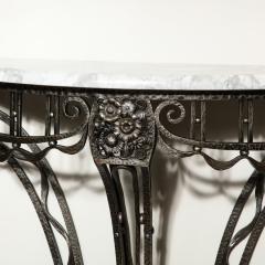 Art Deco Wrought Iron Console Table w Stylized Geometric Details Grey Marble - 3408986