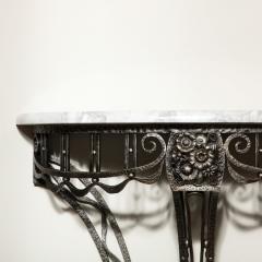 Art Deco Wrought Iron Console Table w Stylized Geometric Details Grey Marble - 3409021