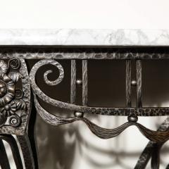 Art Deco Wrought Iron Console Table w Stylized Geometric Details Grey Marble - 3409044