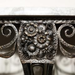 Art Deco Wrought Iron Console Table w Stylized Geometric Details Grey Marble - 3409053
