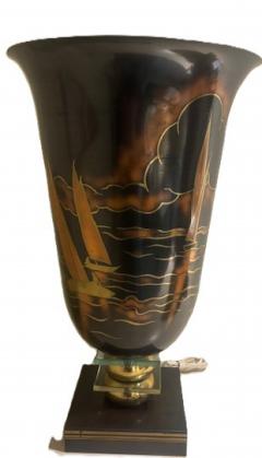 Art Deco metal urn lamp with decorated sallboat scenes on a square base - 4658899