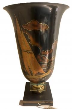 Art Deco metal urn lamp with decorated sallboat scenes on a square base - 4658900