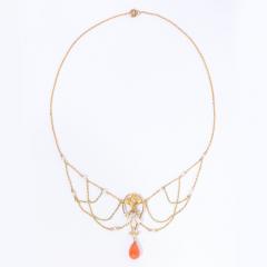 Art Nouveau 14k Gold Pearl Coral and Diamond Swag Necklace - 2551258