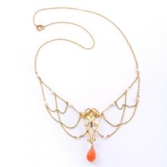 Art Nouveau 14k Gold Pearl Coral and Diamond Swag Necklace - 2551262