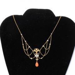 Art Nouveau 14k Gold Pearl Coral and Diamond Swag Necklace - 2551264